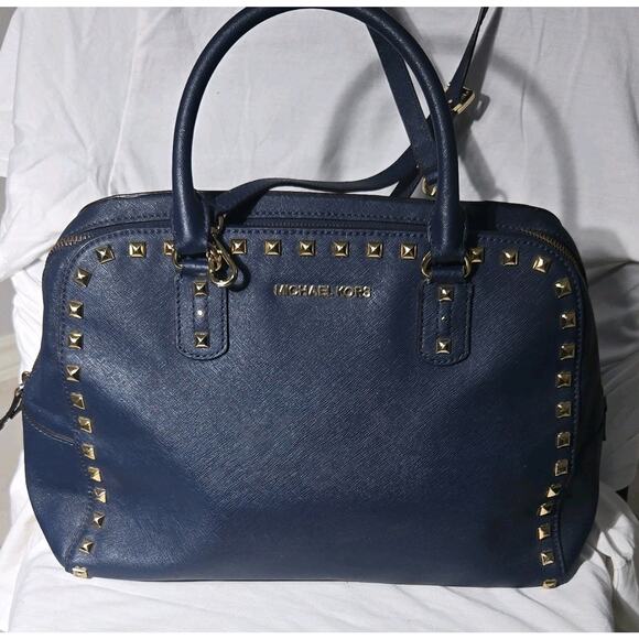 Michael Kors Handbags - Michael Kors Navy Saffiano Leather Studded Satchel Bag Top Zip Large